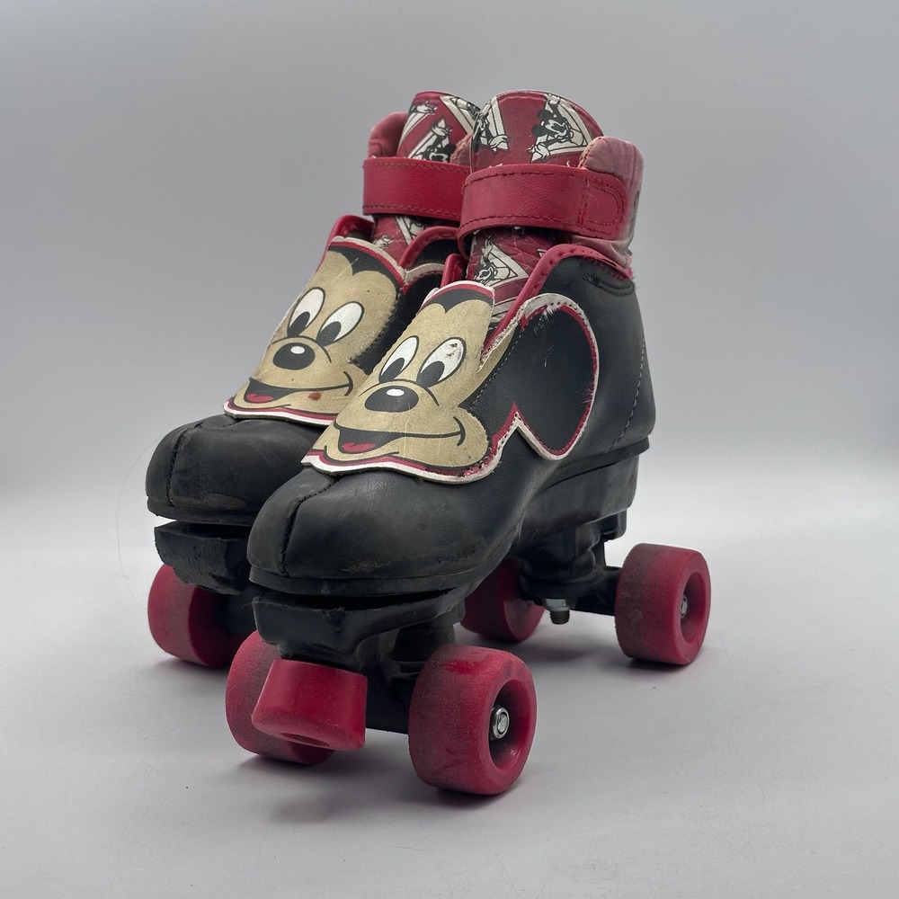 Vintage Mickey Mouse Roller Skates Size 2 Kids Quad Skates Red‎ Black Disney